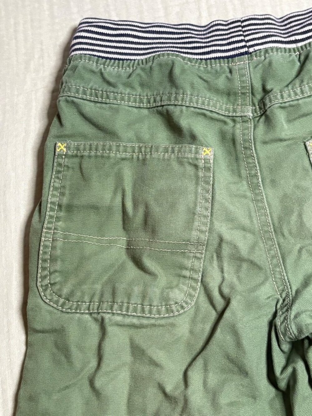 Mini Boden Boys Green Cargo Pants With Striped Elastic Waistband & Yellow Drawst - Picture 7 of 7